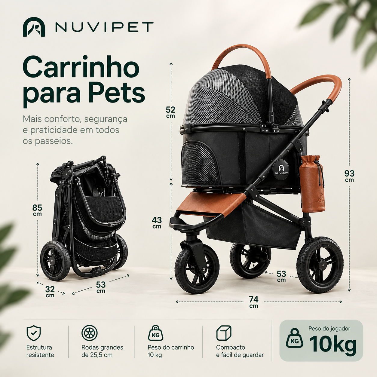 Infográfico com dimensões e peso do Carrinho Jogger NUVIPET